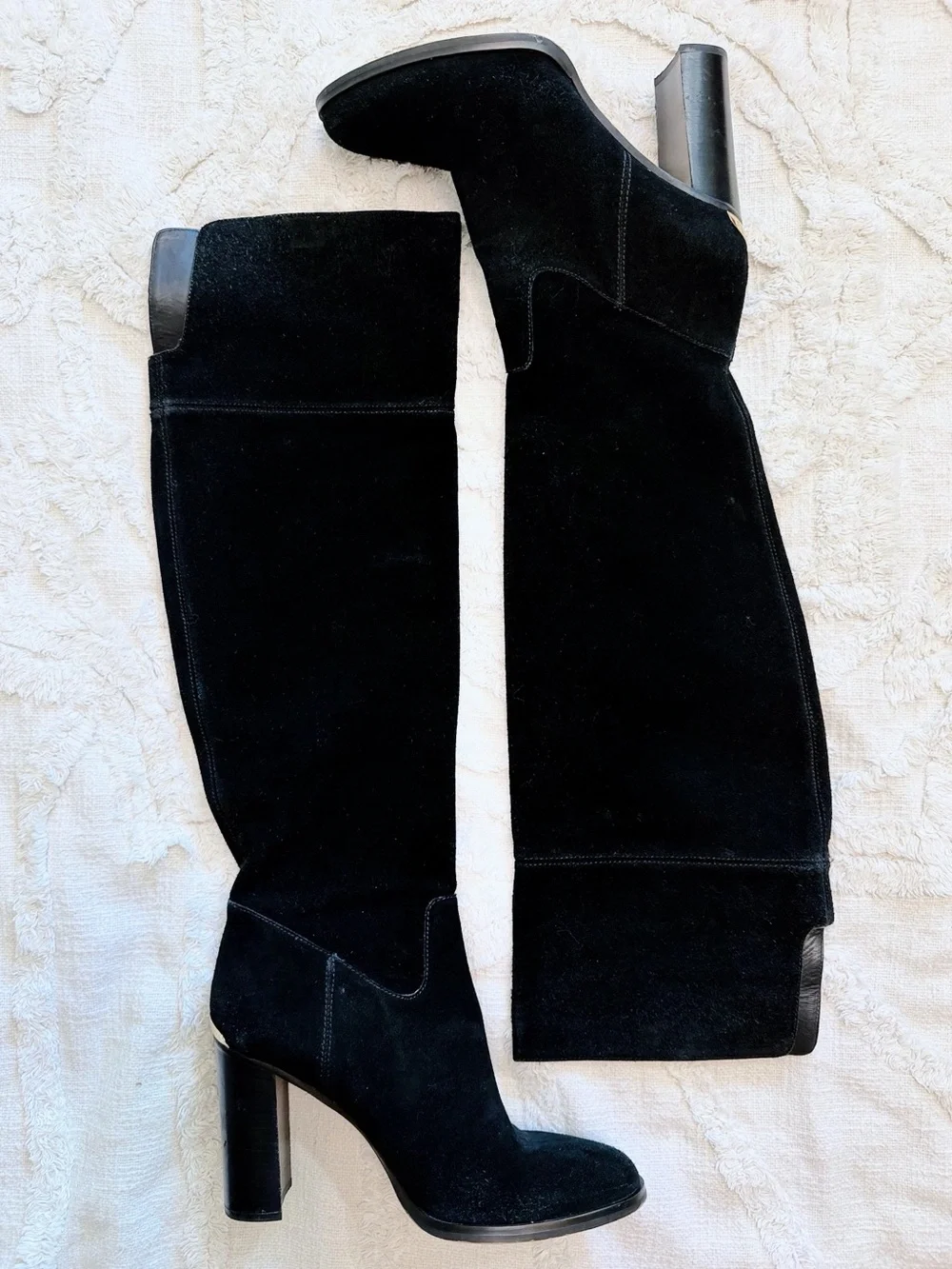 Michael Kors Black Suede Over-the-Knee Boots Size 10 Block Heel Gold Logo